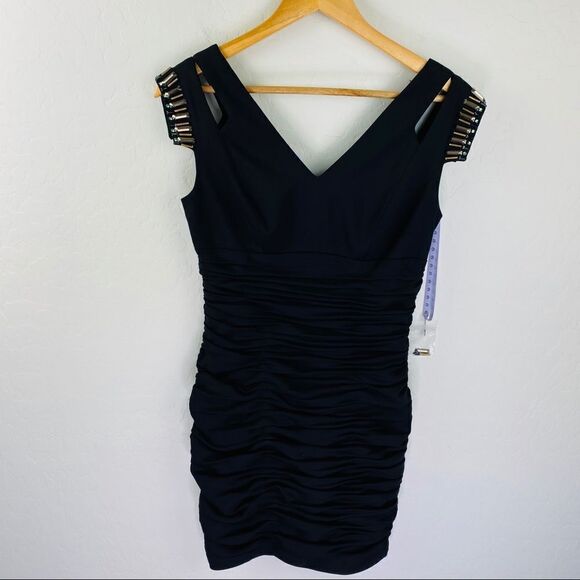 NWOT JS Collections black ruched cocktail lbd dress 4p - Picture 3 of 8